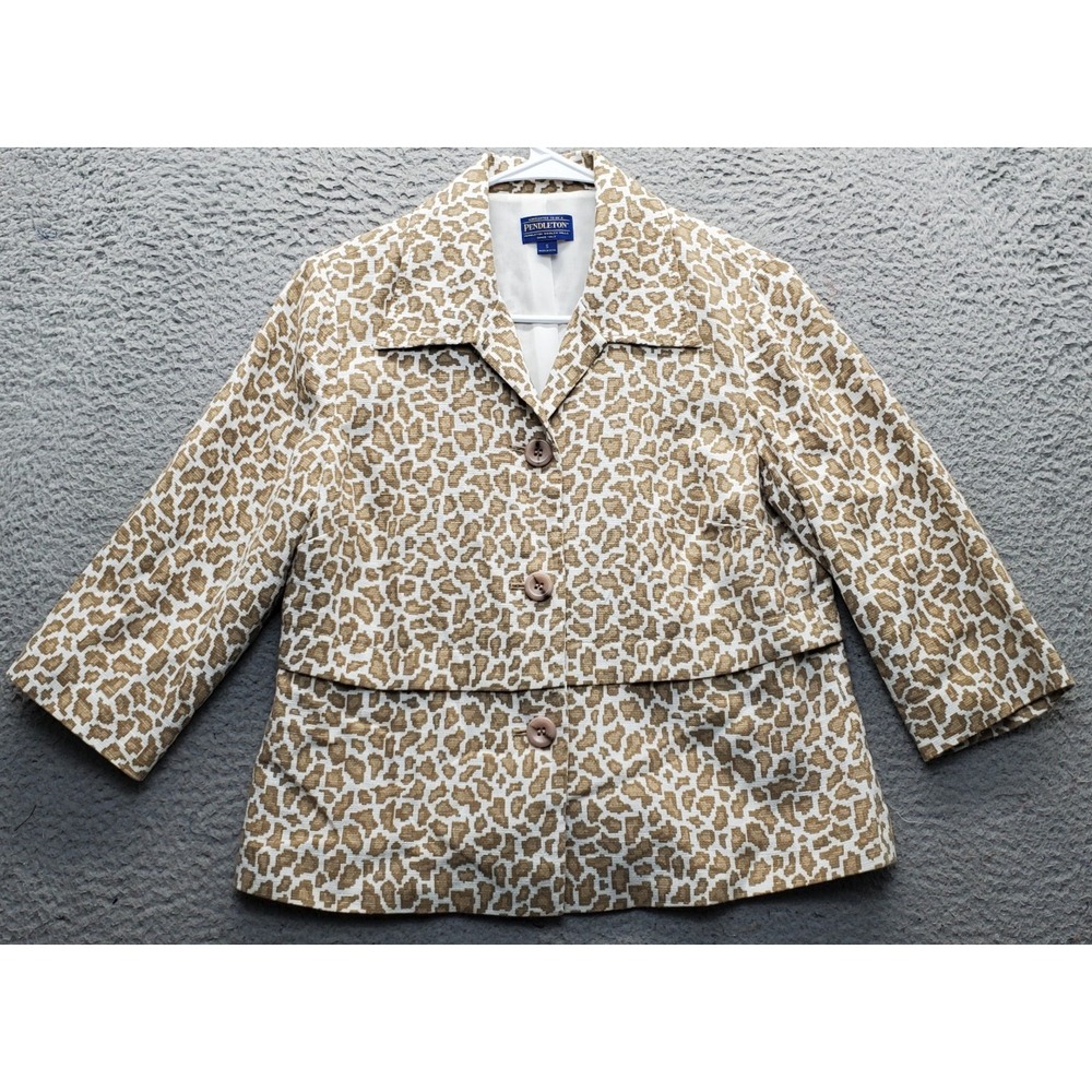 Pendleton Crop‎ Jacket Blazer Wome's S Multi Linen Leopard Print Single Breasted